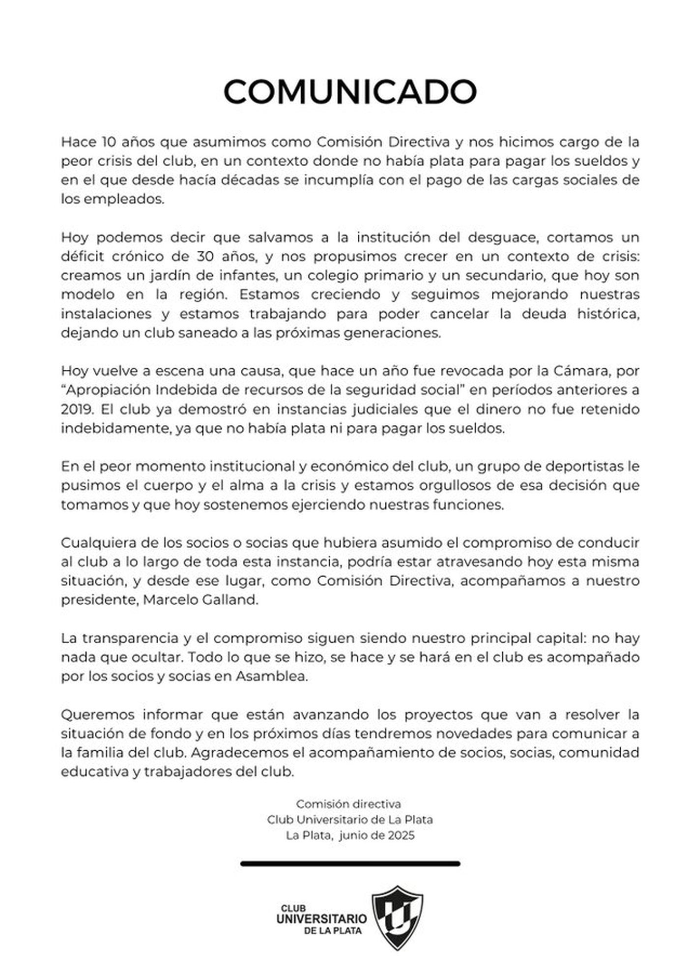 Comunicado de Club Universitario.