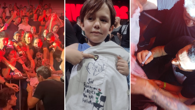 mollo se acerco a un nene durante el recital de divididos en atenas para autografiarle un guardapolvo que reivindica la educacion publica