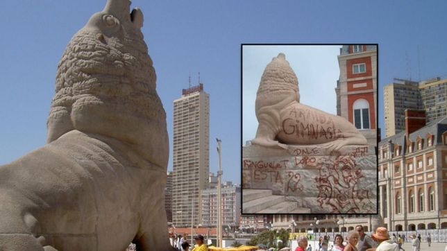 una filial de gimnasia se ofrecio a limpiar las pintadas en el lobo marino de mar del plata