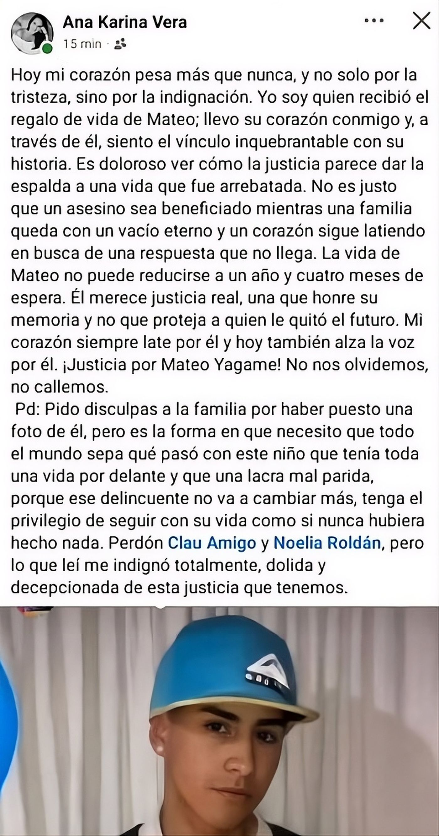 La publicación de la joven que recibió el corazón de Mateo Yagame.