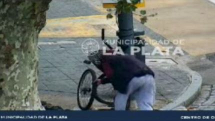 VIDEO: Robó la rueda de una bicicleta en pleno centro de La Plata, quedó filmado y lo detuvieron
