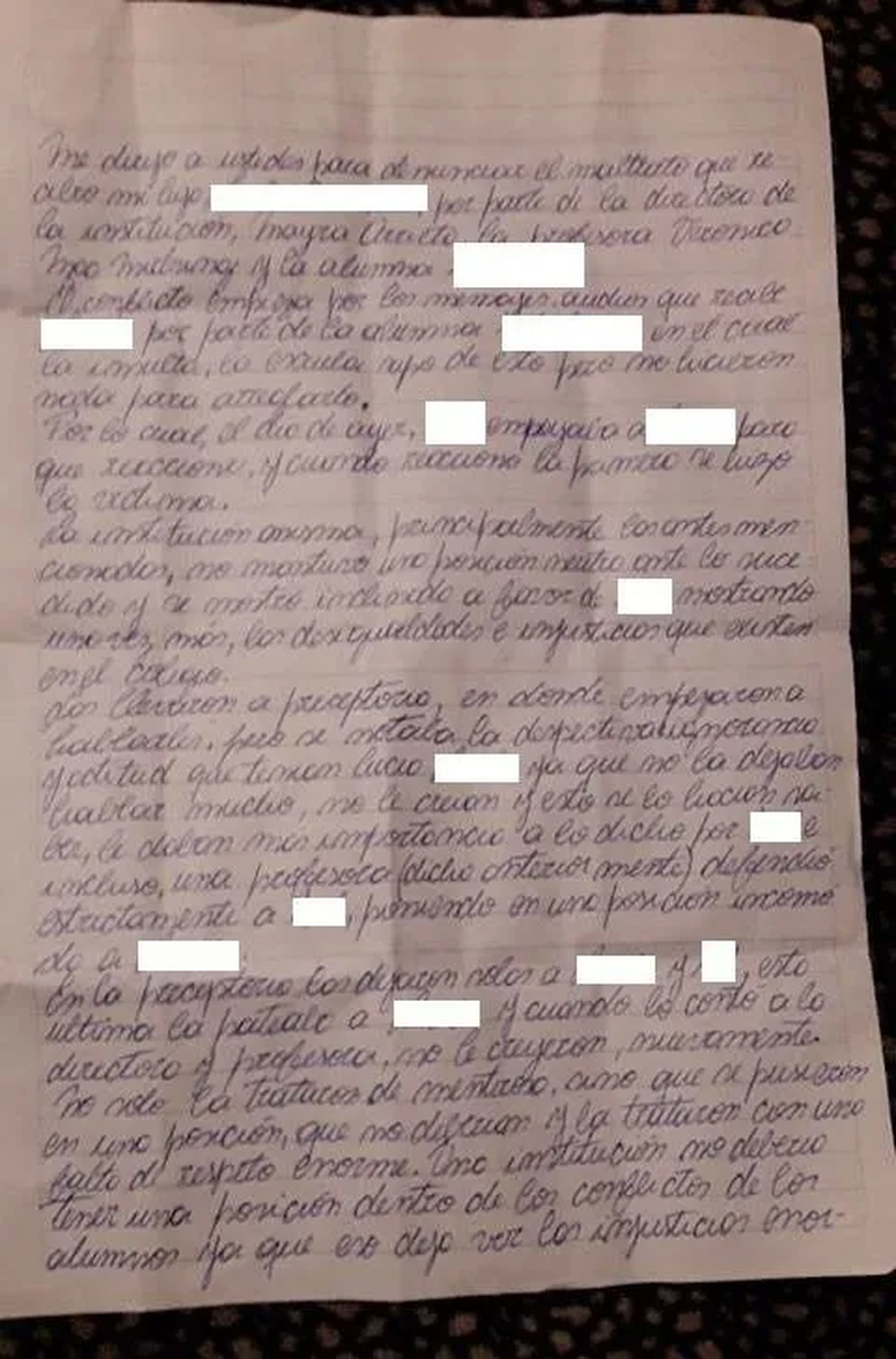 La primera parte de la carta de la mamá que denunció bullying en el colegio Santa Ana en 2018.