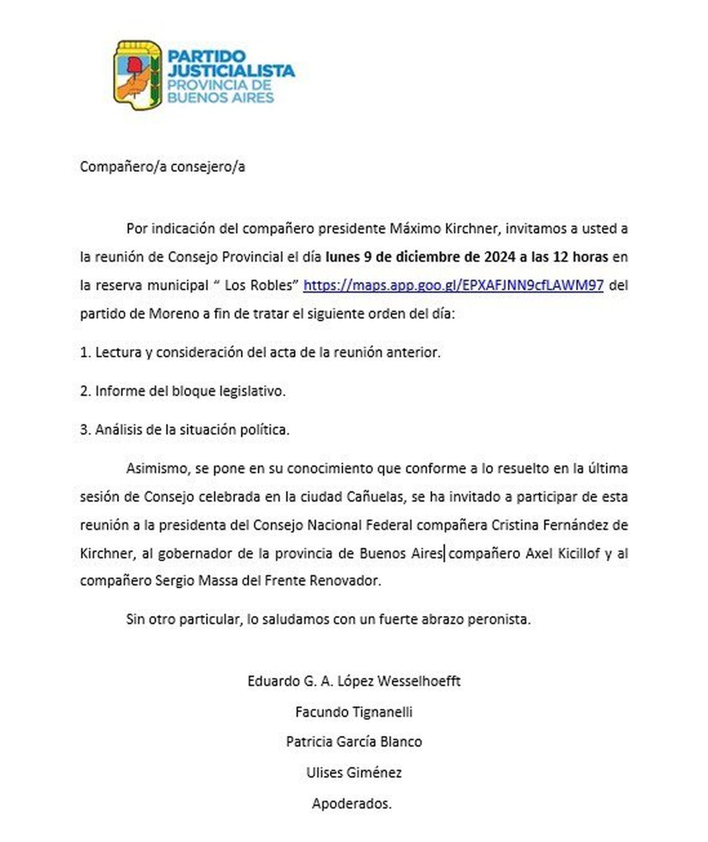 El mensaje del PJ bonaerense convocando a la cumbre en Moreno
