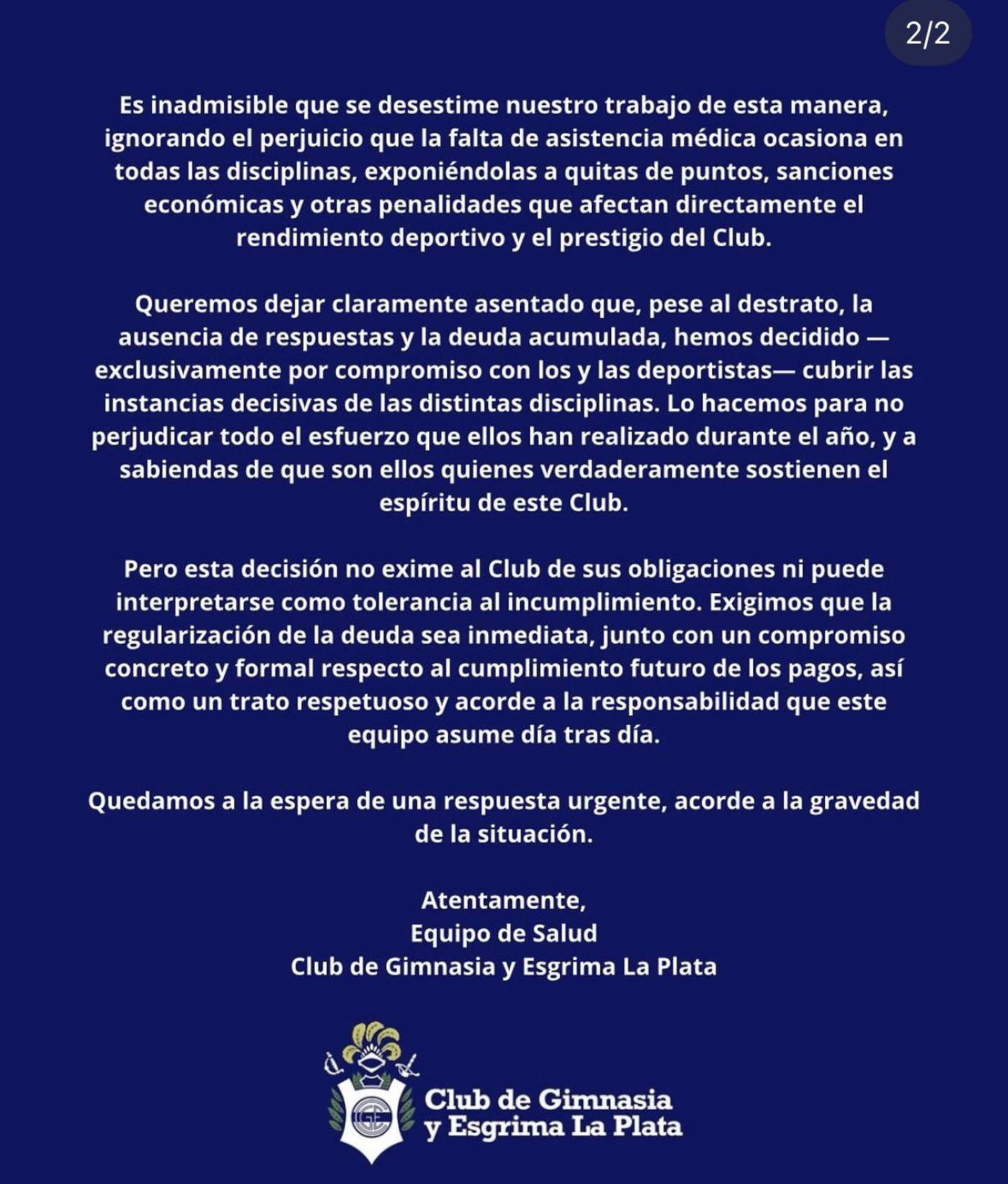 El escrito fue difundido por el Instagram del área de salud.