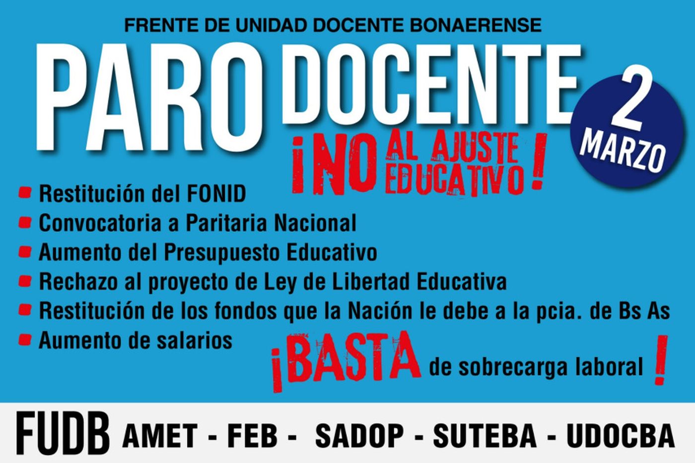 Todos los gremios bonaerenses adhieren al paro docente que paralizará el inicio de clases el 2 de marzo Todos los gremios bonaerenses adhieren al paro docente que paralizará el inicio de clases el 2 de marzo