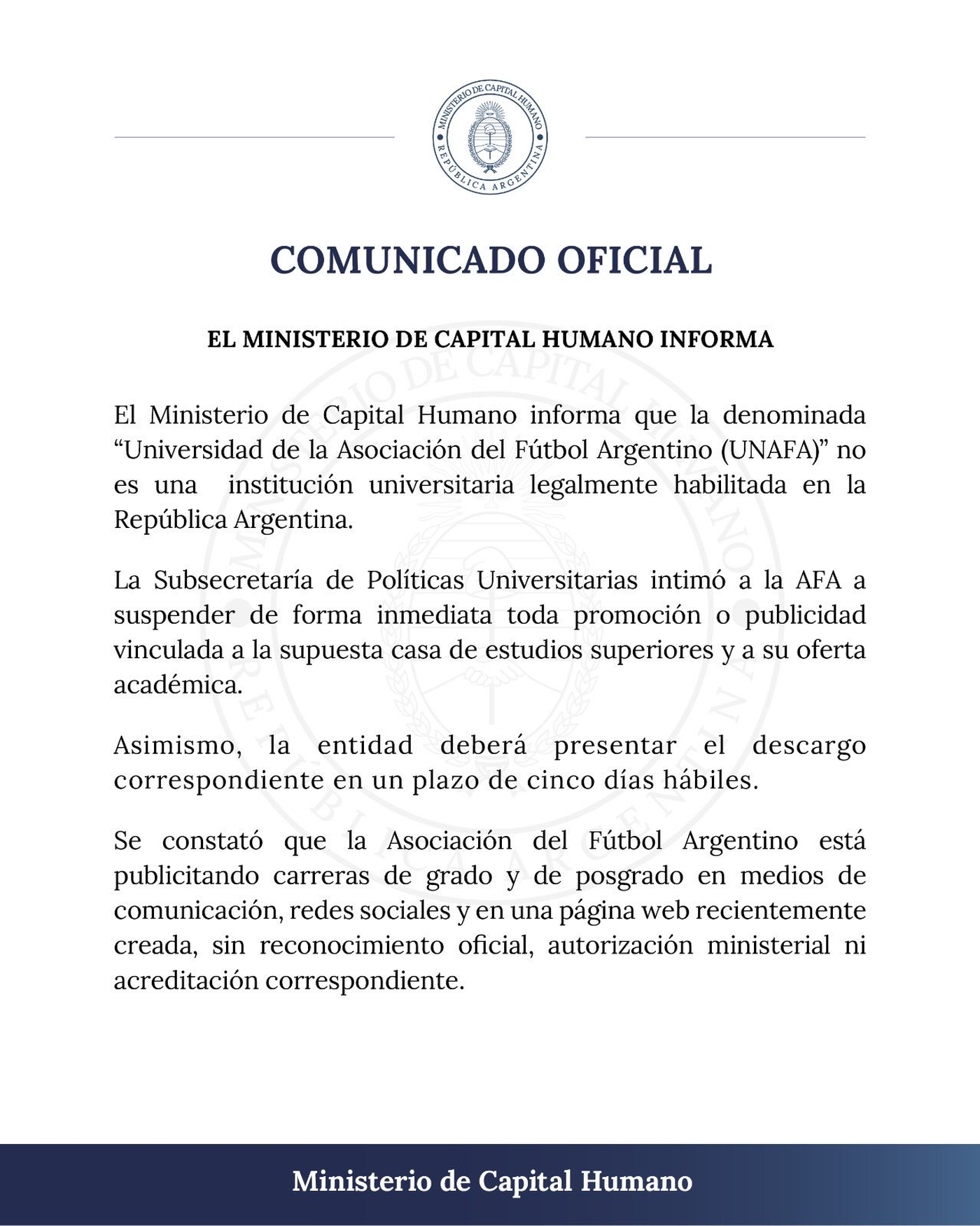 El Ministerio de Capital Humano intimó a la AFA.