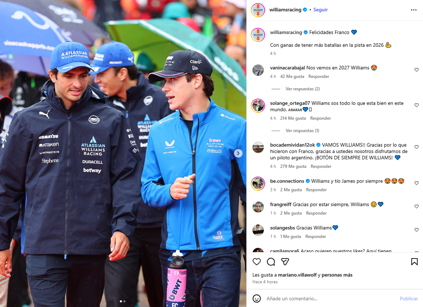 El mensaje que Williams le dedicó a Franco Colapinto