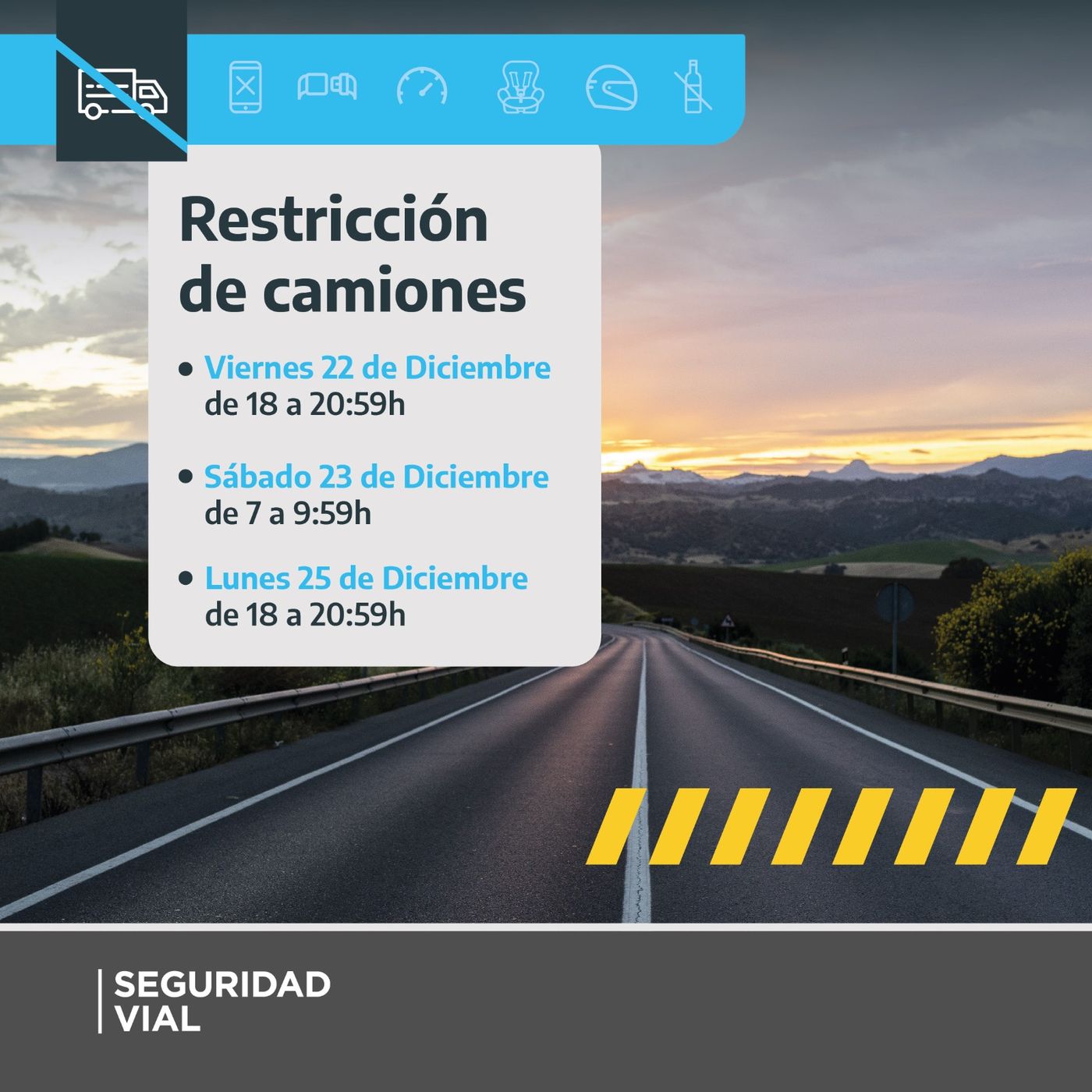 La restricción de la circulación de camiones en rutas y autopistas es en distintas franjas horarias y en todo el país. La restricción de la circulación de camiones en rutas y autopistas es en distintas franjas horarias y en todo el país.