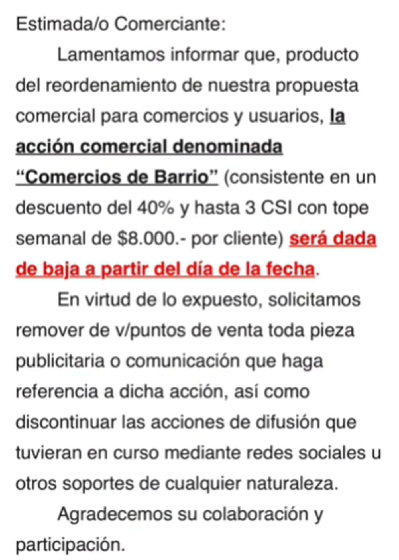 El comunicado de Banco Nación a los comerciantes.
