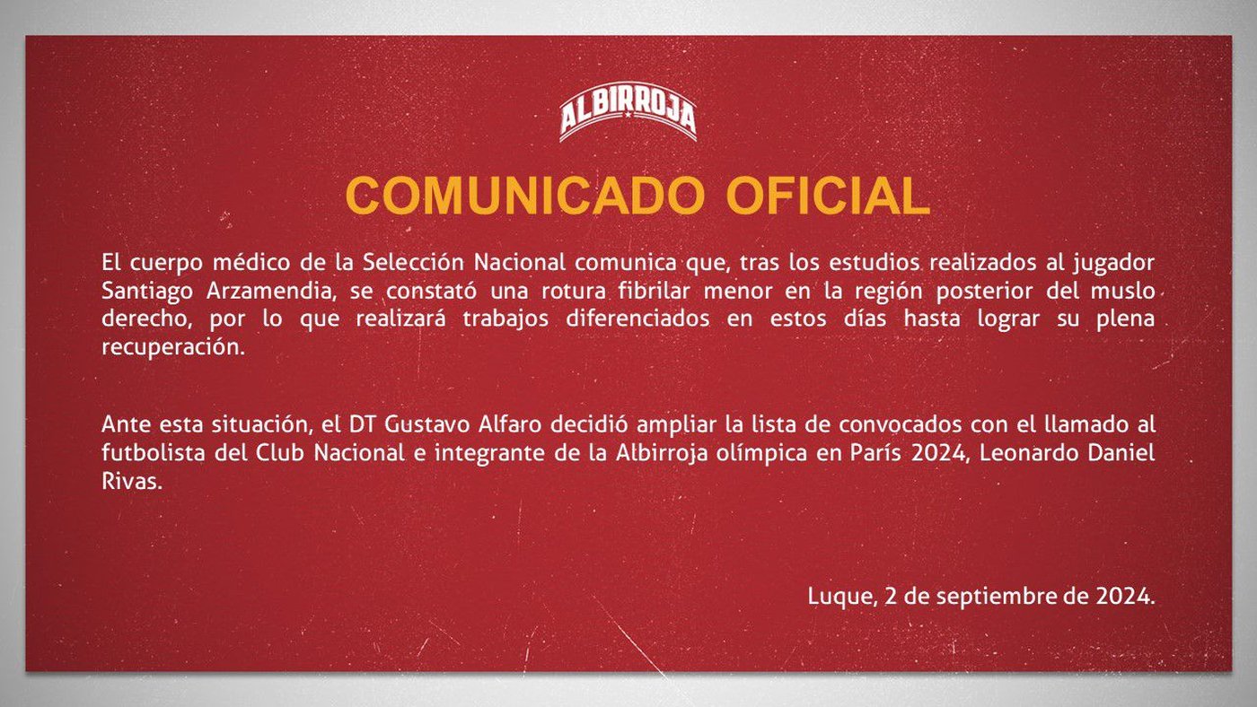 El comunicado sobre la lesión de Santiago Arzamendia. El comunicado sobre la lesión de Santiago Arzamendia.