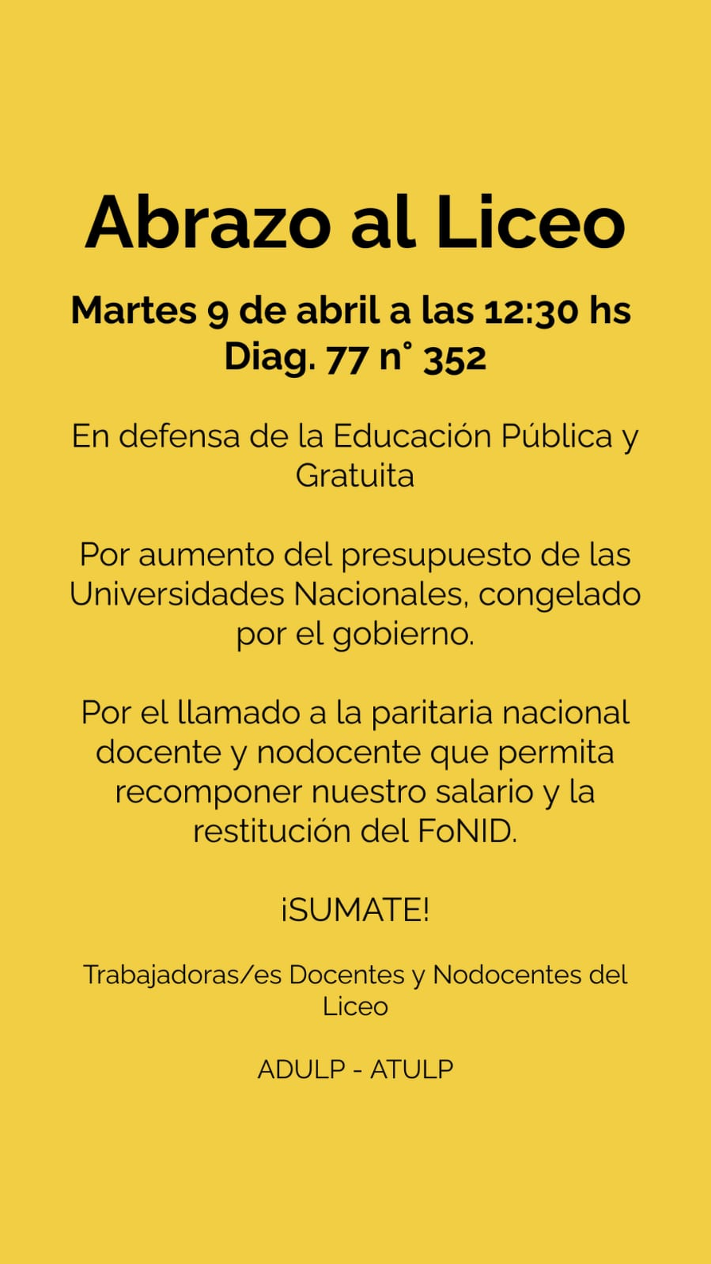 El flyer que convoca al abrazo en el Liceo Víctor Mercante