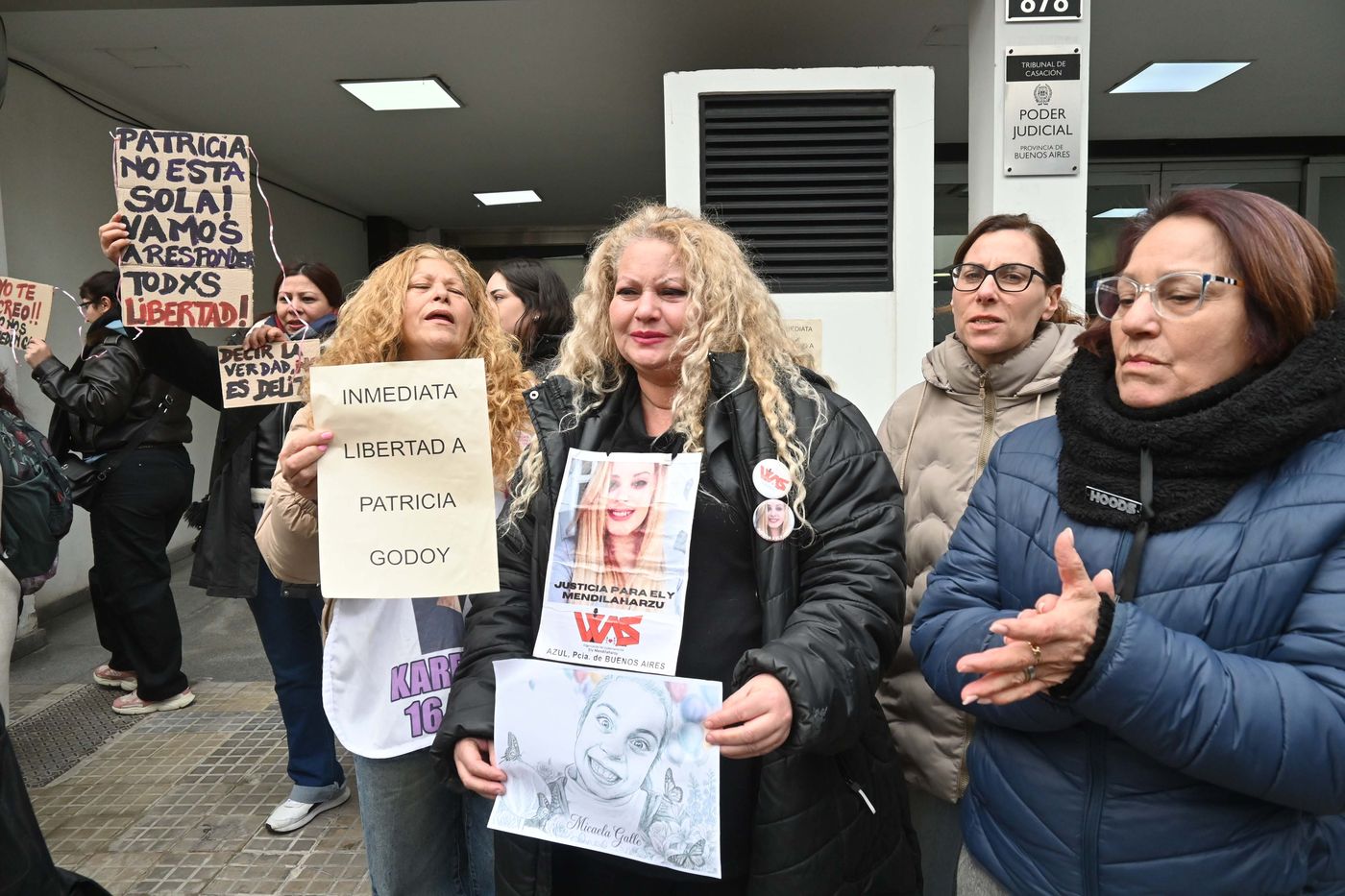 Las pancartas pidiendo por la inmediata liberación de la acusada por falso testimonio en el marco del cuádruple femicidio de La Loma