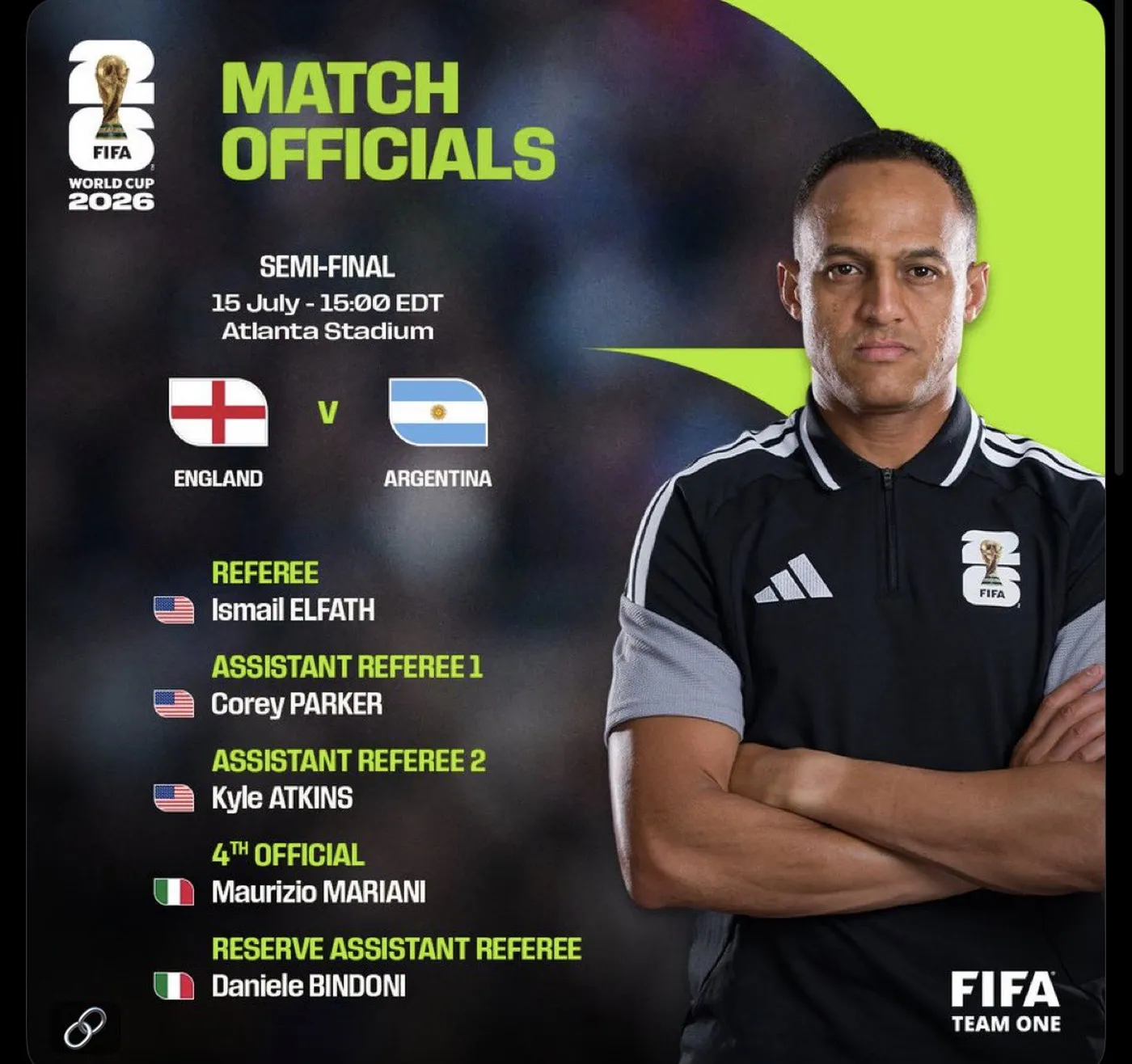 La terna arbitral completa para la semifinal de Argentina ante Inglaterra en el Mundial 2026