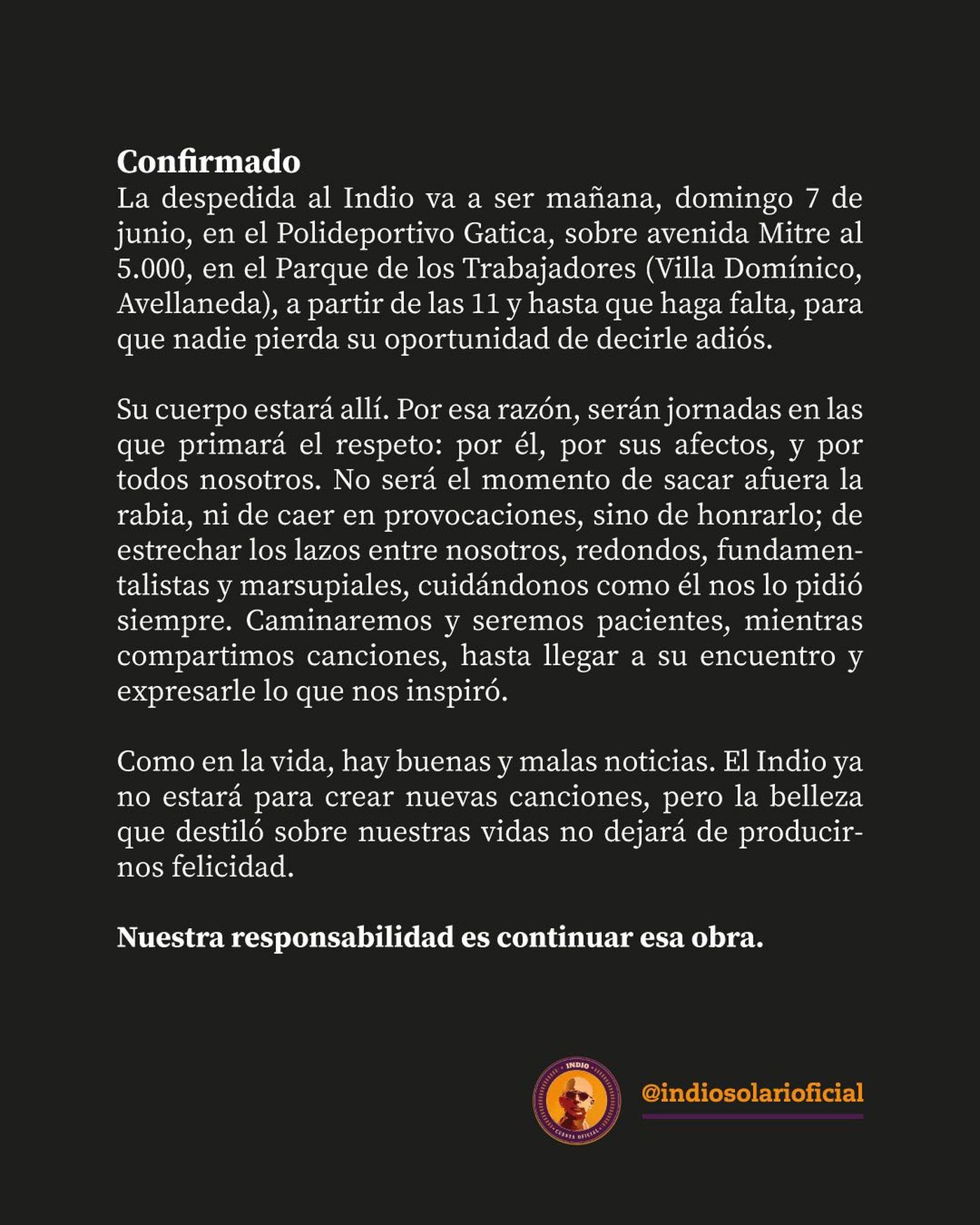 Comunicado oficial despedida pública al Indio Solari