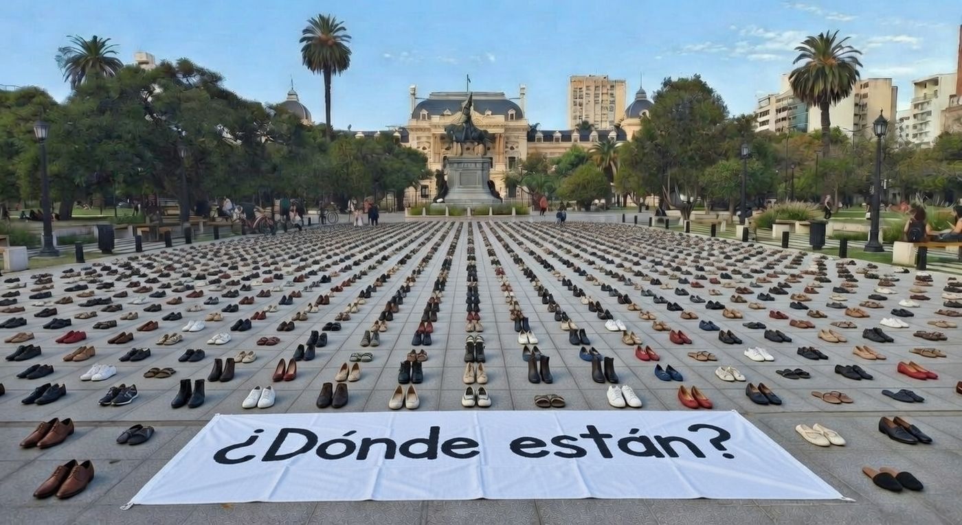 La intervención artística con zapatos en Plaza San Martín para recordar a los detenidos desaparecidos de La Plata, Berisso y Ensenada