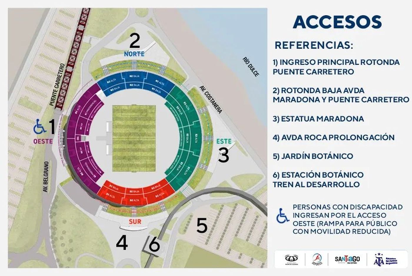 Mapa orientativo de accesos y sectores del Estadio Madre de Ciudades Mapa orientativo de accesos y sectores del Estadio Madre de Ciudades