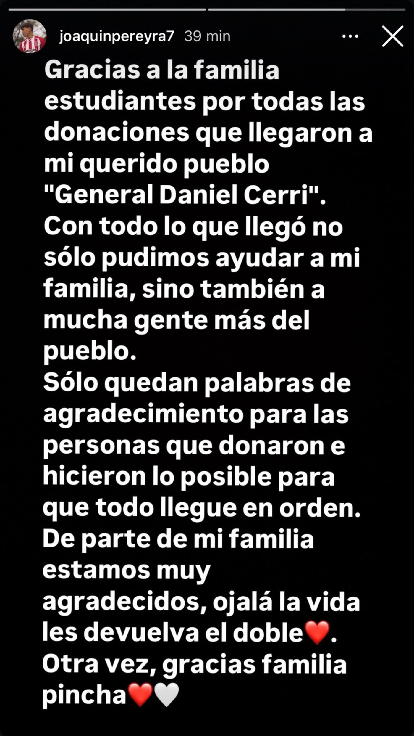 El agradecimiento de Joaquín Pereyra a Estudiantes.