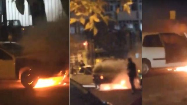 los videos del auto que se incendio frente a un banco en pleno centro