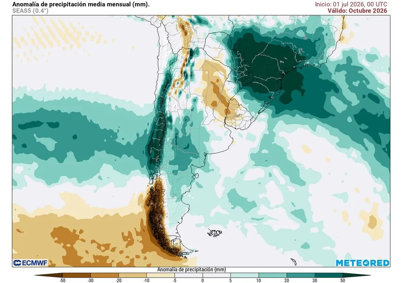Mapa de anomalías de precipitación media mensual prevista para octubre