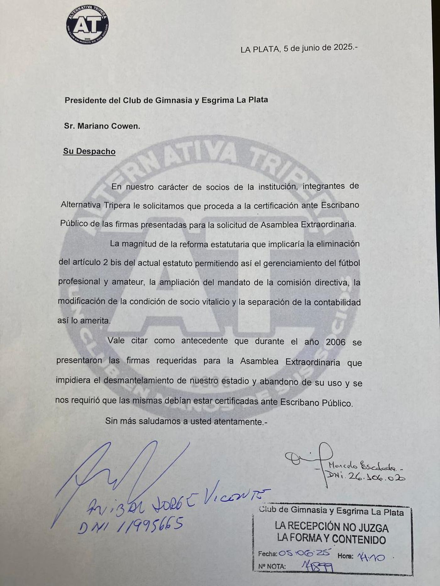 El documento presentado por Usina Tripera.