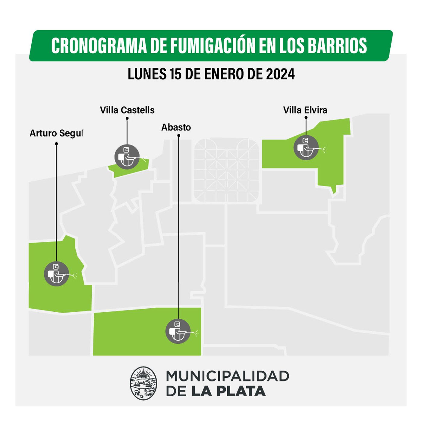 Los barrios que serán fumigados este lunes para combatir la invasión de mosquitos en La Plata. Los barrios que serán fumigados este lunes para combatir la invasión de mosquitos en La Plata.