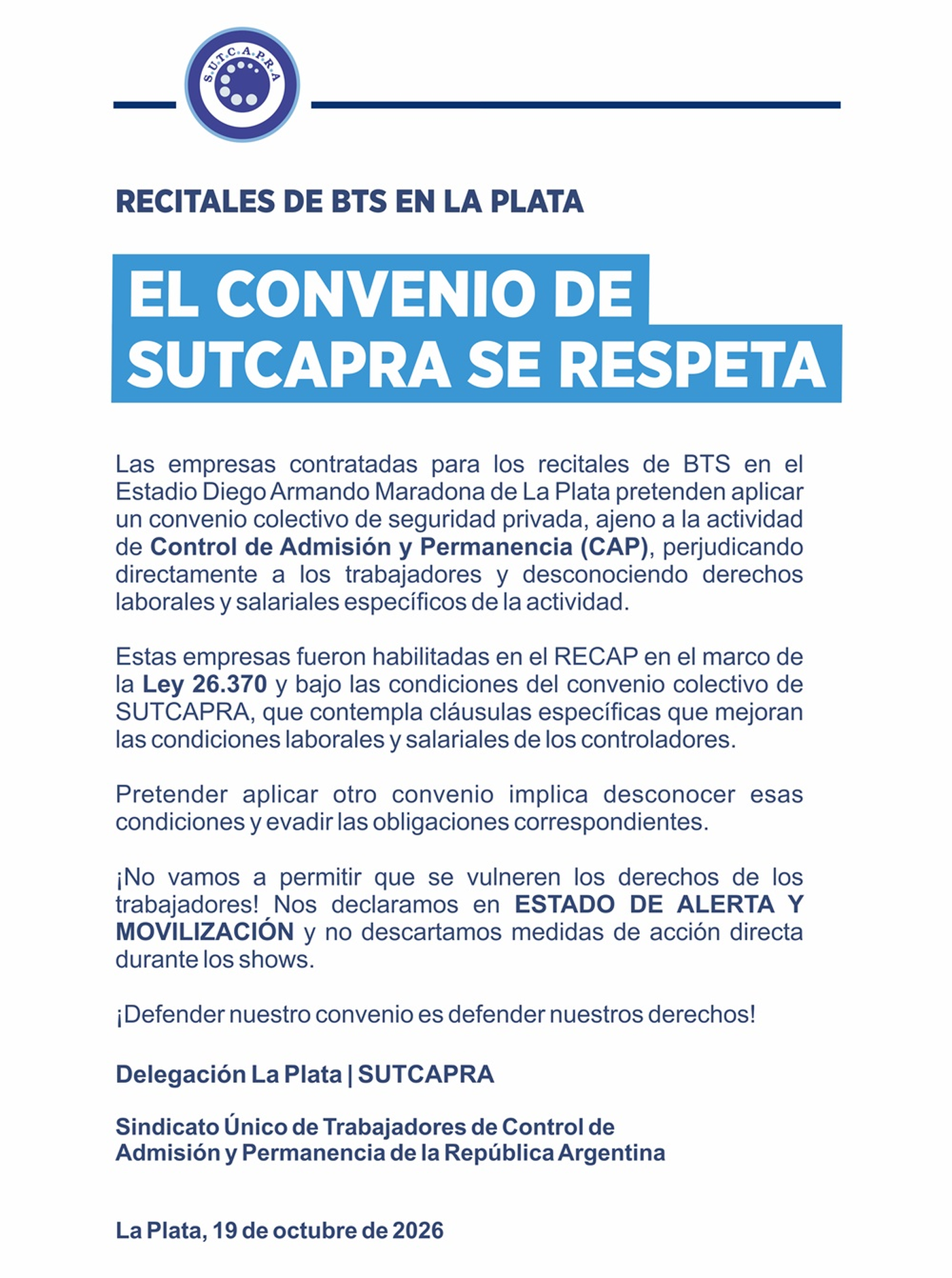 Un sindicato podría afectar los shows de BTS en La Plata Un sindicato podría afectar los shows de BTS en La Plata