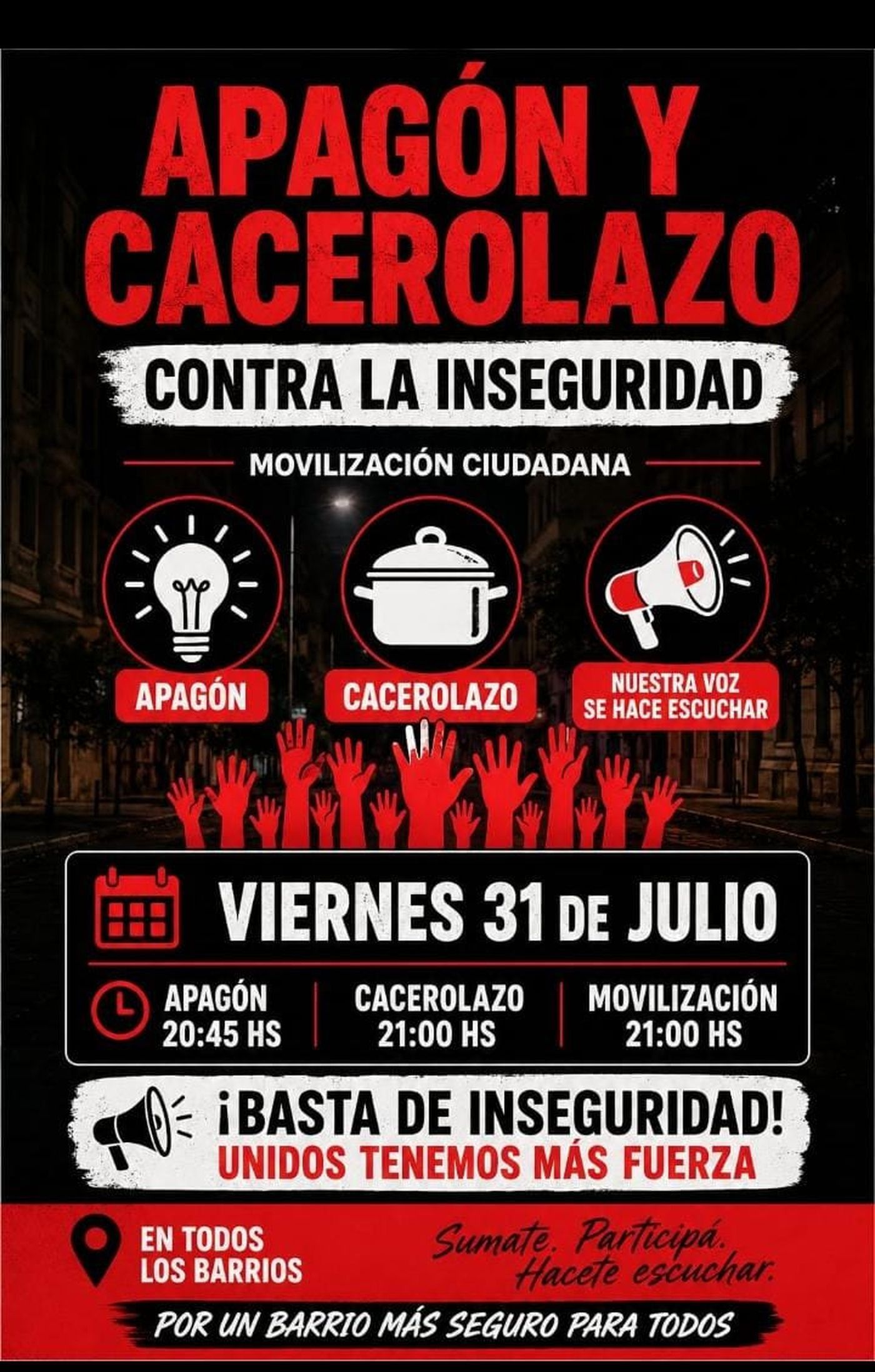 El flyer difundido en redes sociales convoca a un apagón, un cacerolazo y una movilización en La Plata para reclamar más medidas de seguridad