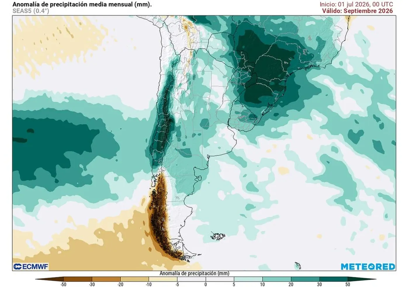 Mapa de anomalías de precipitación media mensual prevista para septiembre